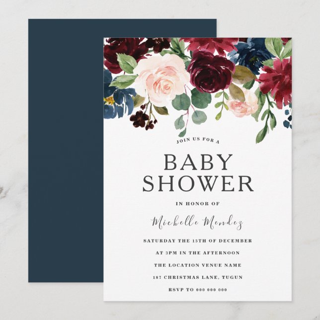 Invitation Baby shower de fleurs d'aquarelle Marsala Bourgogn (Devant / Derrière)