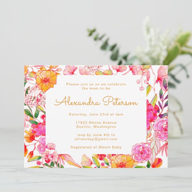 Invitation Baby shower de fleurs d'aquarelle rose et orange (Debout devant)