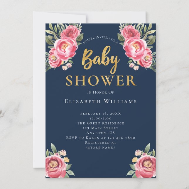 Invitation Baby shower de fleurs d'aquarelle rose Marine Peon (Devant)