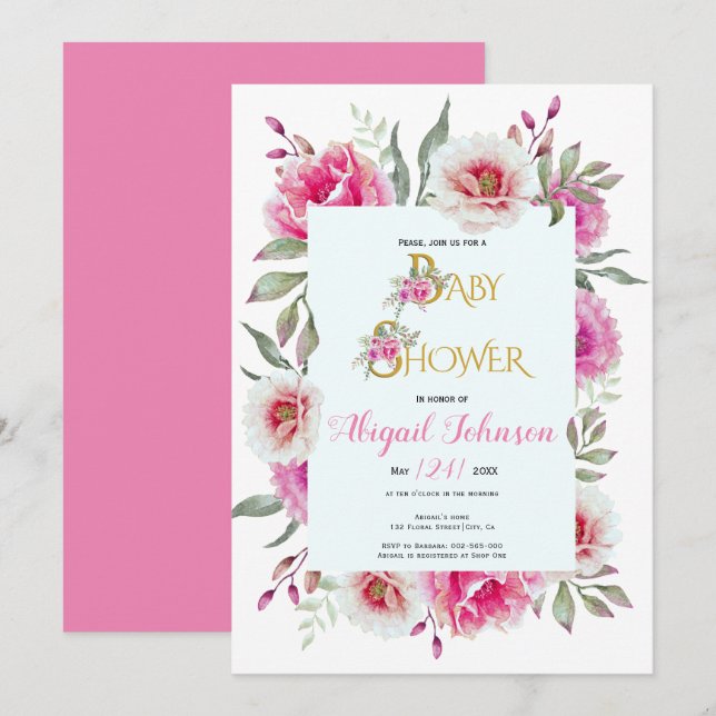 Invitation Baby shower de fleurs d'aquarelle rose pour filles (Devant / Derrière)