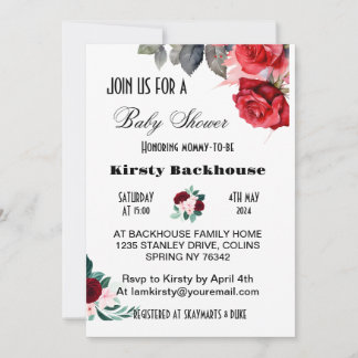 Invitation Baby shower de fleurs d'aquarelle rouge