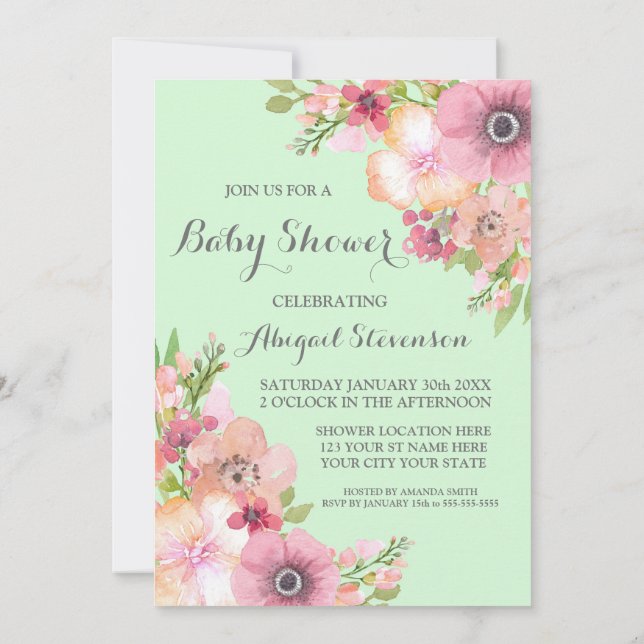 Invitation Baby shower de fleurs d'aquarelle verte à la menth (Dos)