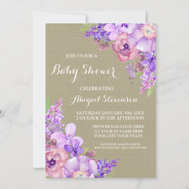 Invitation Baby shower de fleurs d'aquarelle violet Brown Bur (Dos)