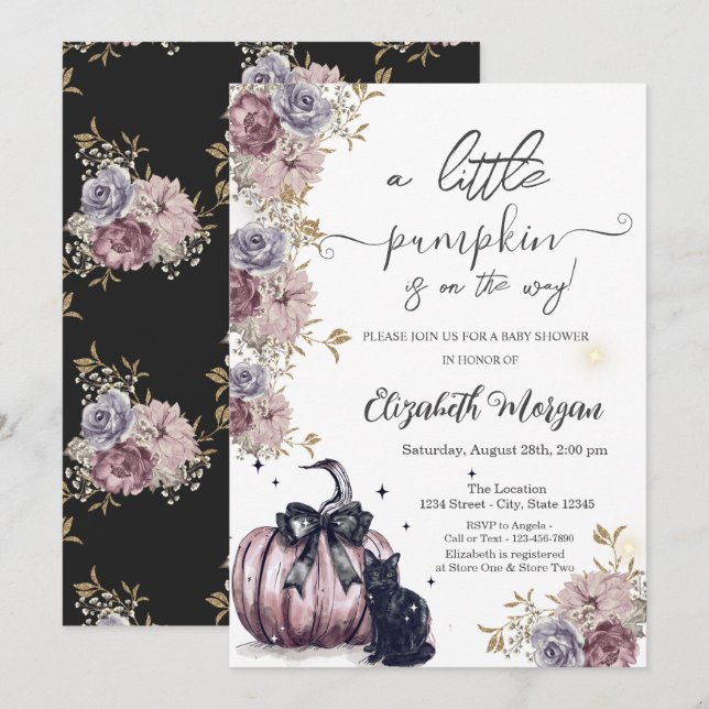 Invitation Baby shower de fleurs de Citrouille de chat noir (Devant / Derrière)
