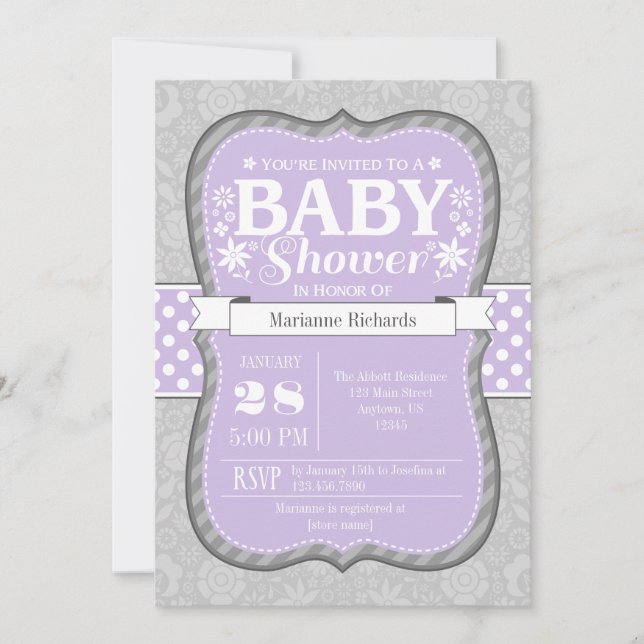 Invitation Baby shower de fleurs de lavande gris (Devant)