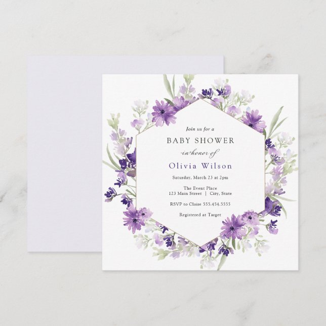 Invitation Baby shower de fleurs de lavande violet (Devant / Derrière)