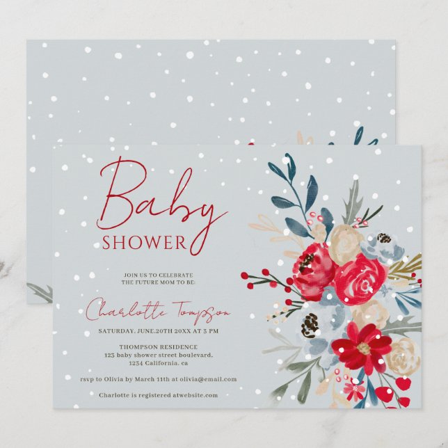 Invitation Baby shower de fleurs de Noël de neige d'hiver (Devant / Derrière)