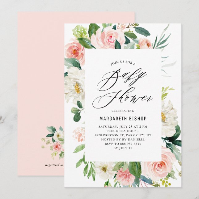 Invitation Baby shower de fleurs de pêche à l'aquarelle roman (Devant / Derrière)
