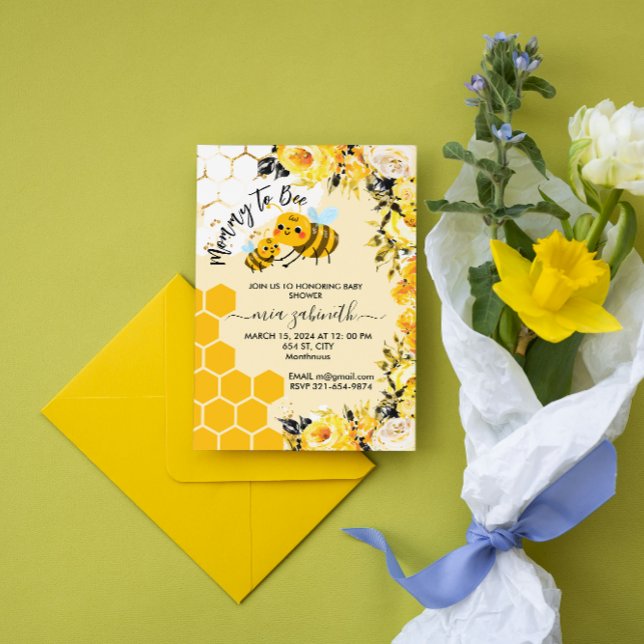 Invitation Baby shower de fleurs de peigne de miel maman à ab (watercolor Mommy to Bee Honeycomb Flowers Baby shower honey bees theme spring summer for her girl)