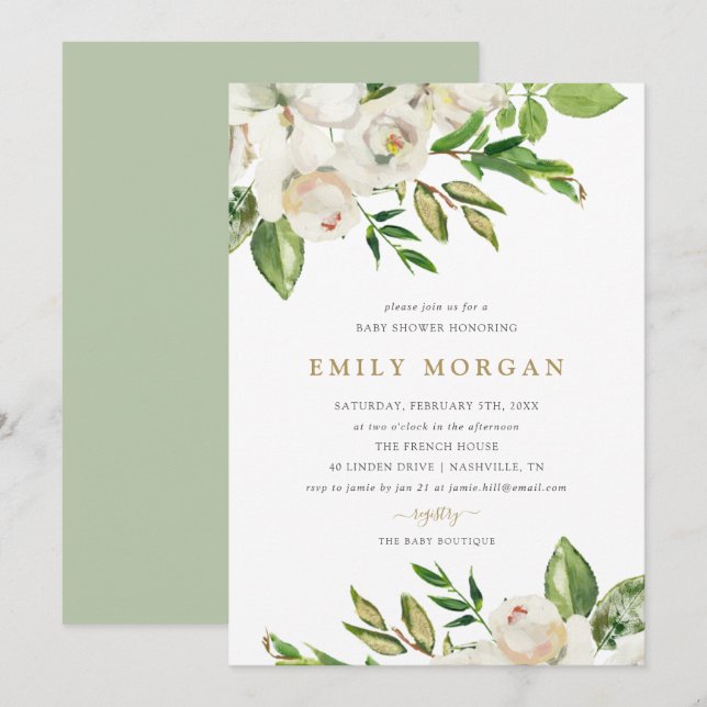 Invitation Baby shower de fleurs dorées (Devant / Derrière)