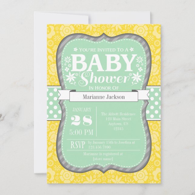 Invitation Baby shower de fleurs florales gris-jaune de Mint  (Devant)