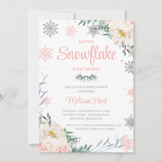 Invitation Baby shower de fleurs hivernales de fleur de neige (Devant)