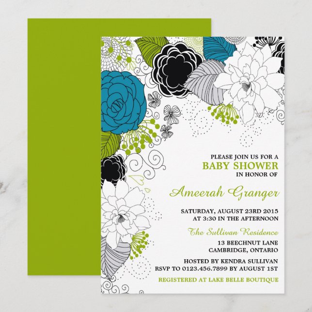 Invitation Baby shower de fleurs lunaires bleues et vertes (Devant / Derrière)