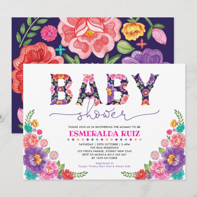 Invitation Baby shower de fleurs mexicaines de fleur rose mar (Devant / Derrière)