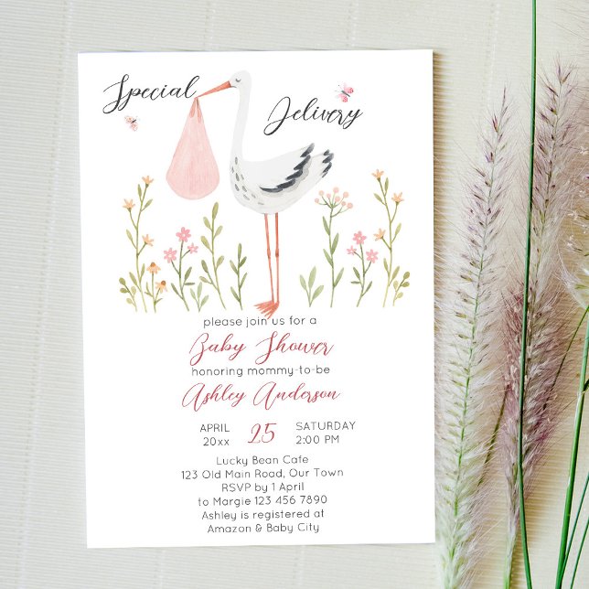 Invitation Baby shower de fleurs printanières de cigogne spéc (Créateur téléchargé)