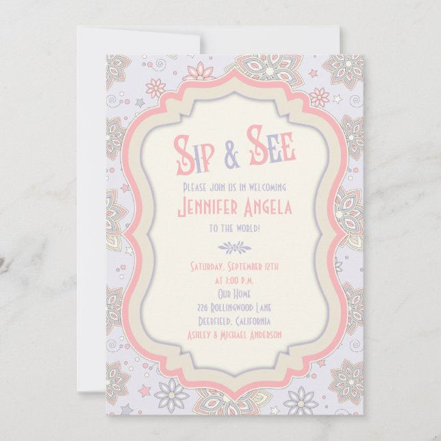 Invitation Baby shower de fleurs rose pourpre Sip et voir (Devant)