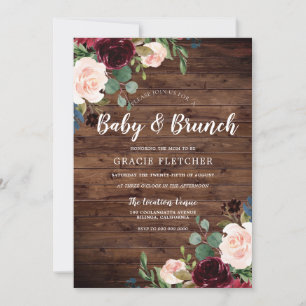 Invitation Baby shower de fleurs rousses et bordeaux rustique
