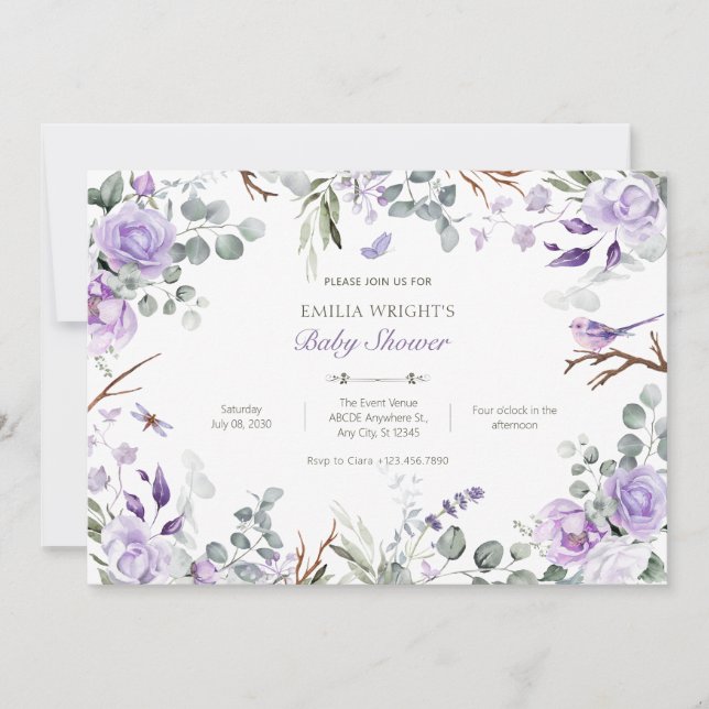 Invitation Baby shower de fleurs rustiques violettes (Devant)