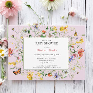 Invitation Baby shower de Fleurs sauvages, abeilles et papill