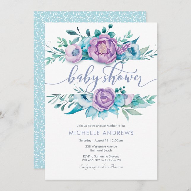Invitation Baby shower de fleurs violettes (Devant / Derrière)