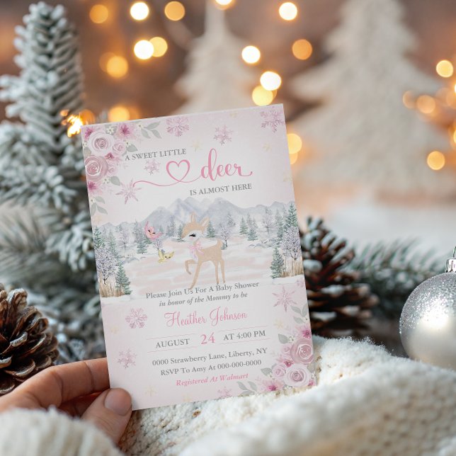 Invitation Baby shower de flocon rose cerf d'hiver (Créateur téléchargé)