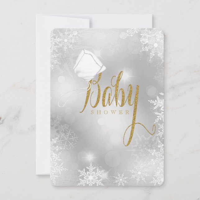 Invitation Baby shower de flocons de neige blanc et or (Devant)