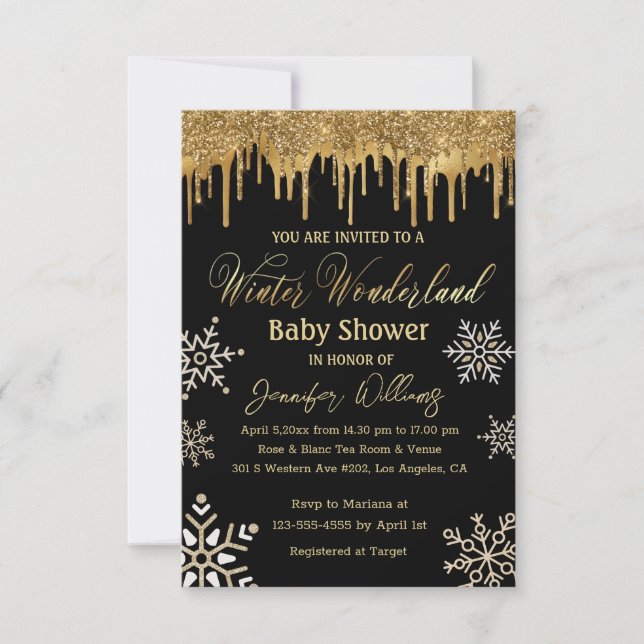 Invitation baby shower de flocons d'or d'hiver de l'île des m (Devant)
