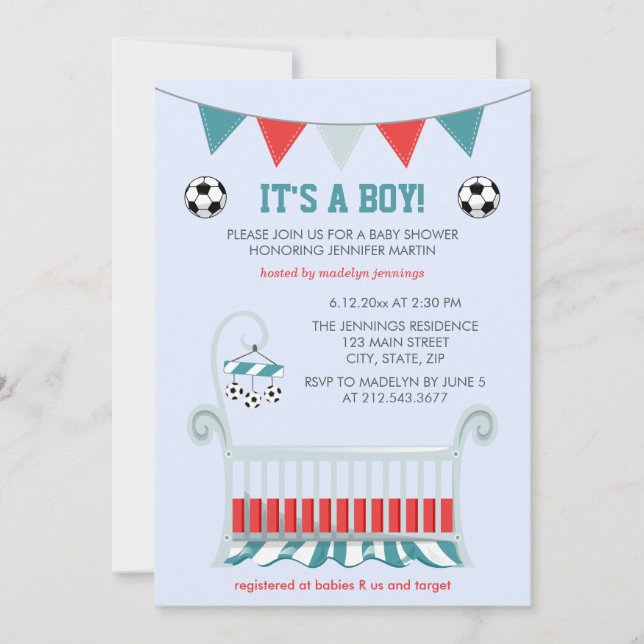 Invitation Baby shower de football de bébé bleu (Devant)