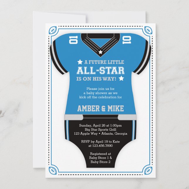 Invitation Baby shower de football Invitation, noir, bleu (Devant)