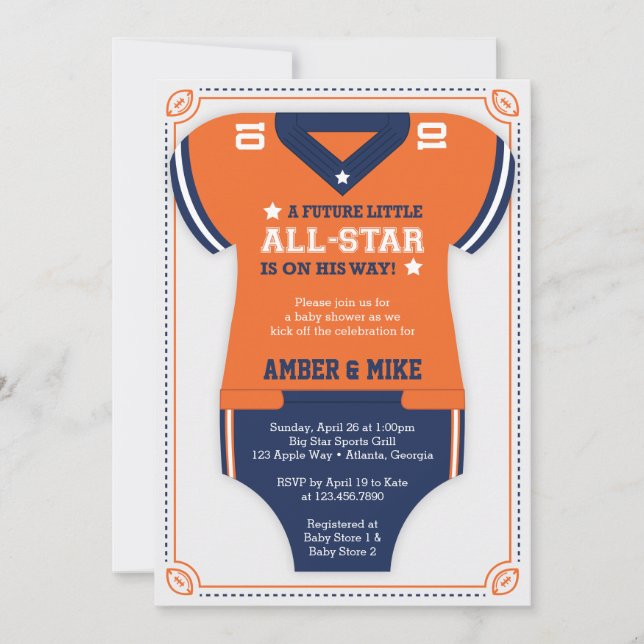 Invitation Baby shower de football, Orange, Bleu (Devant)