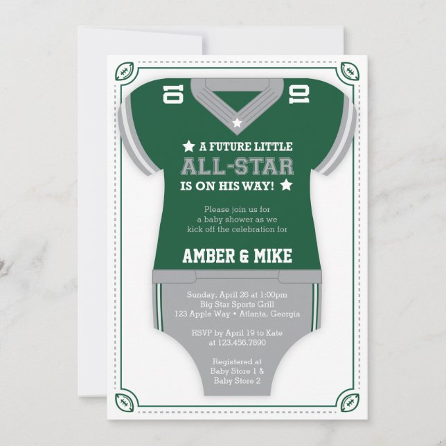 Invitation Baby shower de football, vert, gris (Devant)