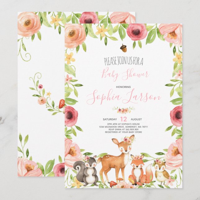 Invitation Baby shower de forêt Animaux de forêt (Devant / Derrière)
