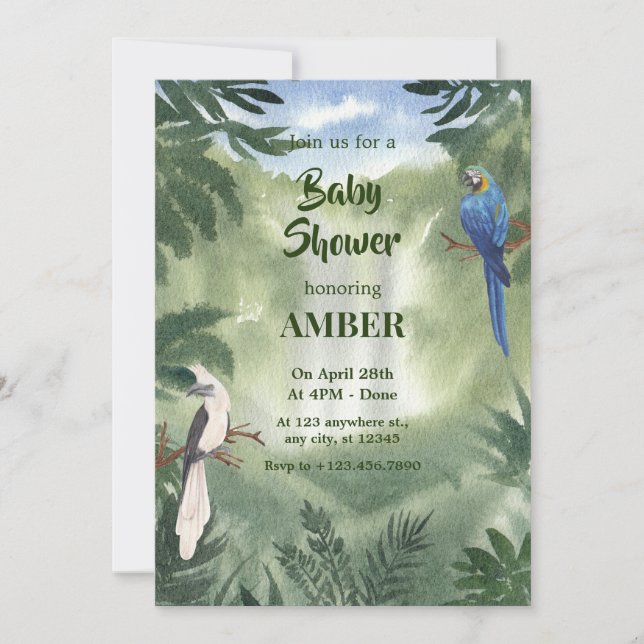 Invitation Baby shower de forêt de perroquets vert (Devant)