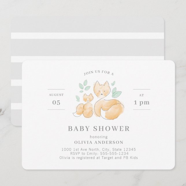 Invitation Baby shower de Fox aquarelle (Devant / Derrière)