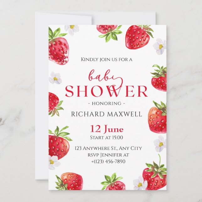 Invitation Baby shower de fraise d'aquarelle (Devant)
