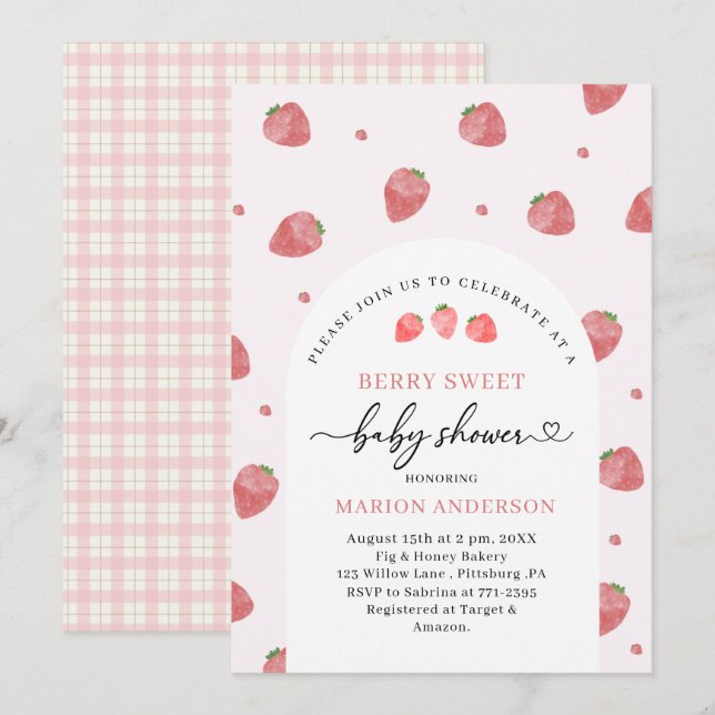 Invitation Baby shower de fraise d'aquarelle (Devant / Derrière)