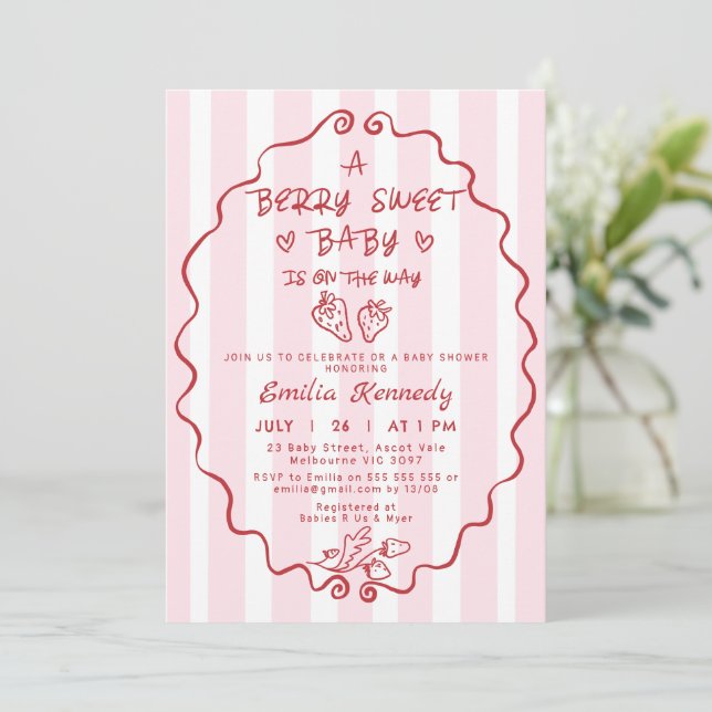 Invitation Baby shower de fraise rayé rouge tiré à la main (Debout devant)