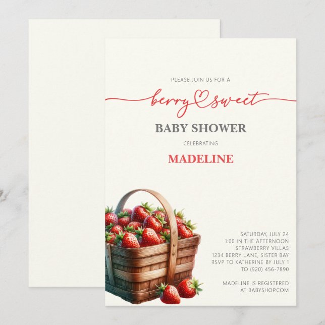 Invitation Baby shower de fraises (Devant / Derrière)