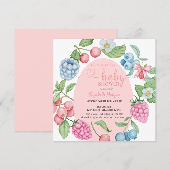 Invitation Baby shower de framboise aux bleuets (Devant / Derrière)