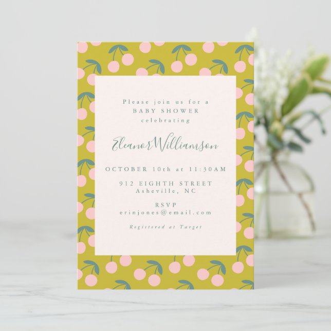 Invitation Baby shower de fruits de cerise rose et vert (Debout devant)