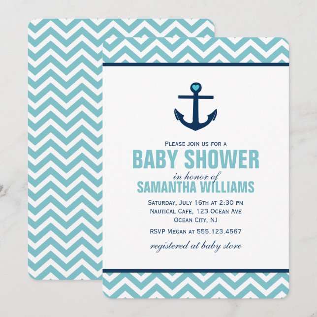Invitation Baby shower de garçon Ancre bleue (Devant / Derrière)