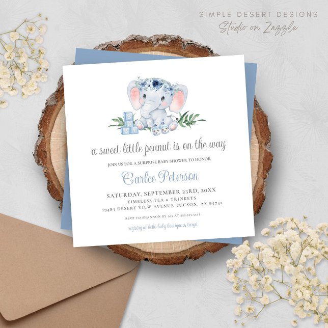 Invitation Baby shower de garçon bleu Eléphant mig (Cute Elephant Baby Shower Invitation with Blue Floral Vintage Vibes, Script and Typography)
