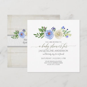 Invitation Baby shower de garçon Bleu en rose blanche Bois ru