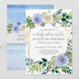 Invitation Baby shower de garçon Bleu et Roses blanches Cadre
