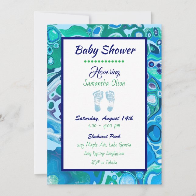 Invitation Baby shower de garçon bleu et vert (Devant)