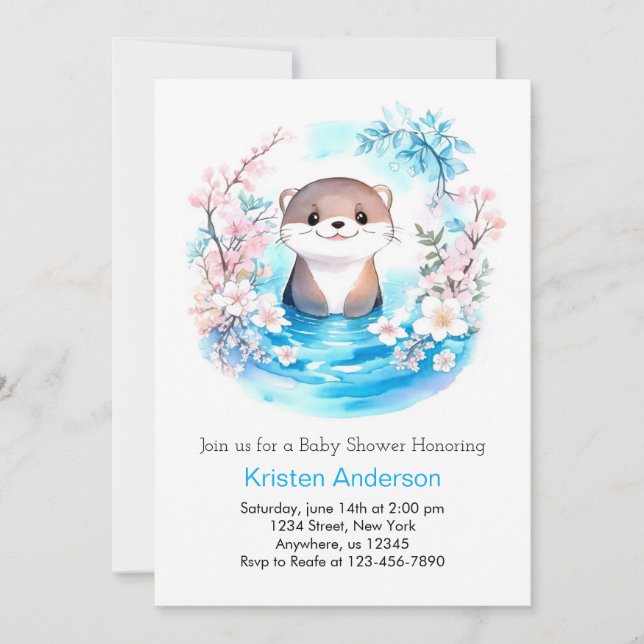 Invitation Baby shower de garçon bleu Fleur sauvage Otterly (Devant)