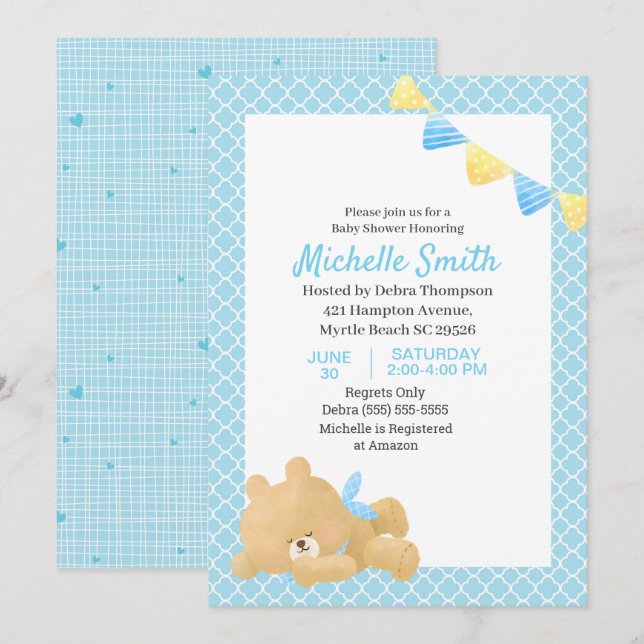 Invitation Baby shower de garçon Bleu mou Teddy Bear (Devant / Derrière)