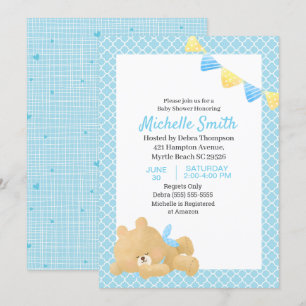 Invitation Baby shower de garçon Bleu mou Teddy Bear