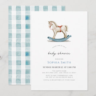 Invitation Baby shower de garçon bleu Rocse Horse