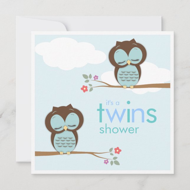 Invitation Baby shower de garçon Chouettes douces jumelles (Devant)